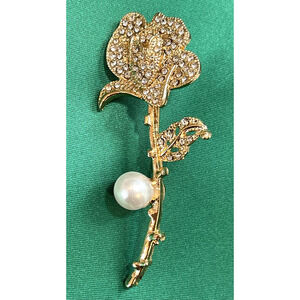 NWOT Flower Floral Brooch Pin Long Stem Gold Tone Imitation Pearl Rhinestone